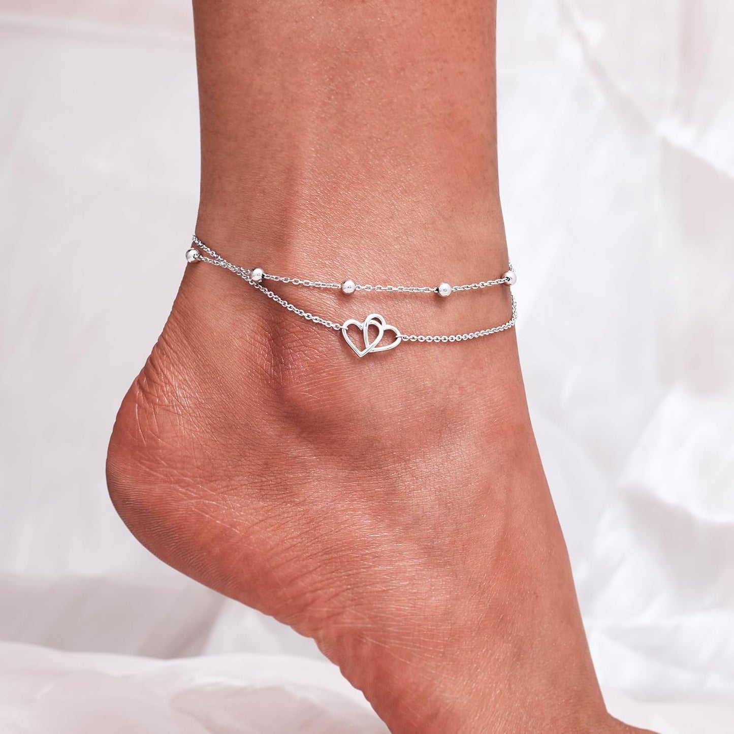 Womens Sterling Silver Created Opal Layered Anklet Bracelet Dainty Beaded Chain Adjustable 11" Best Friend Anklet