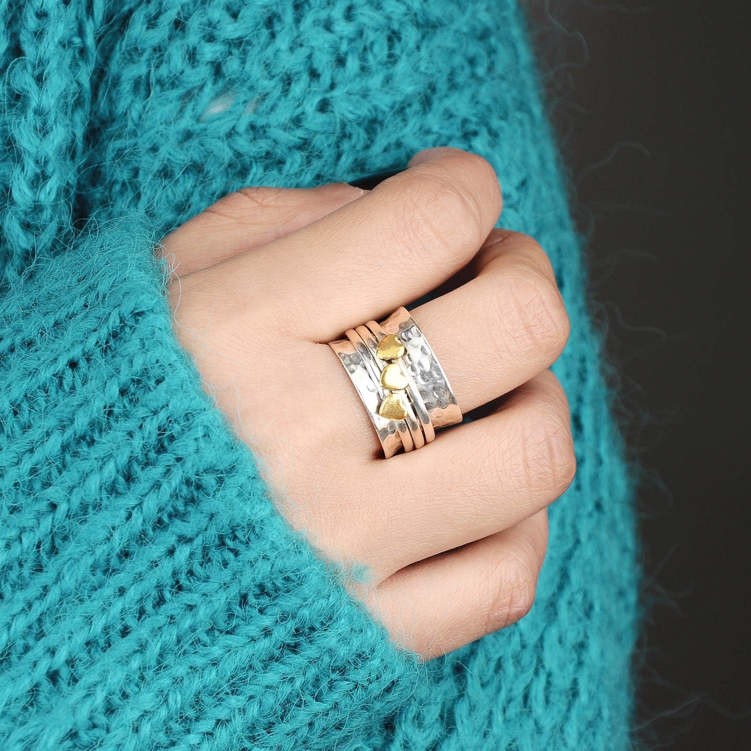 Spinner Ring for Women 925 Sterling Silver with Brass Hearts and Fidget Bands