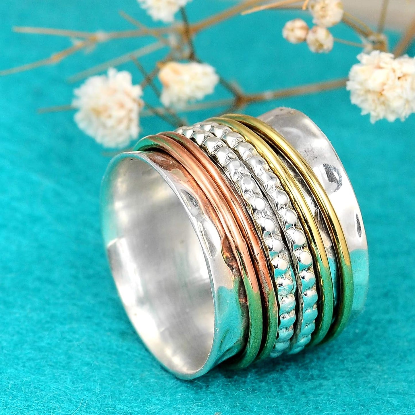 925 Sterling Silver Spinner Ring with Brass and Copper Fidget Rings for Women Wide Band