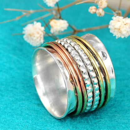 925 Sterling Silver Spinner Ring with Brass and Copper Fidget Rings for Women Wide Band