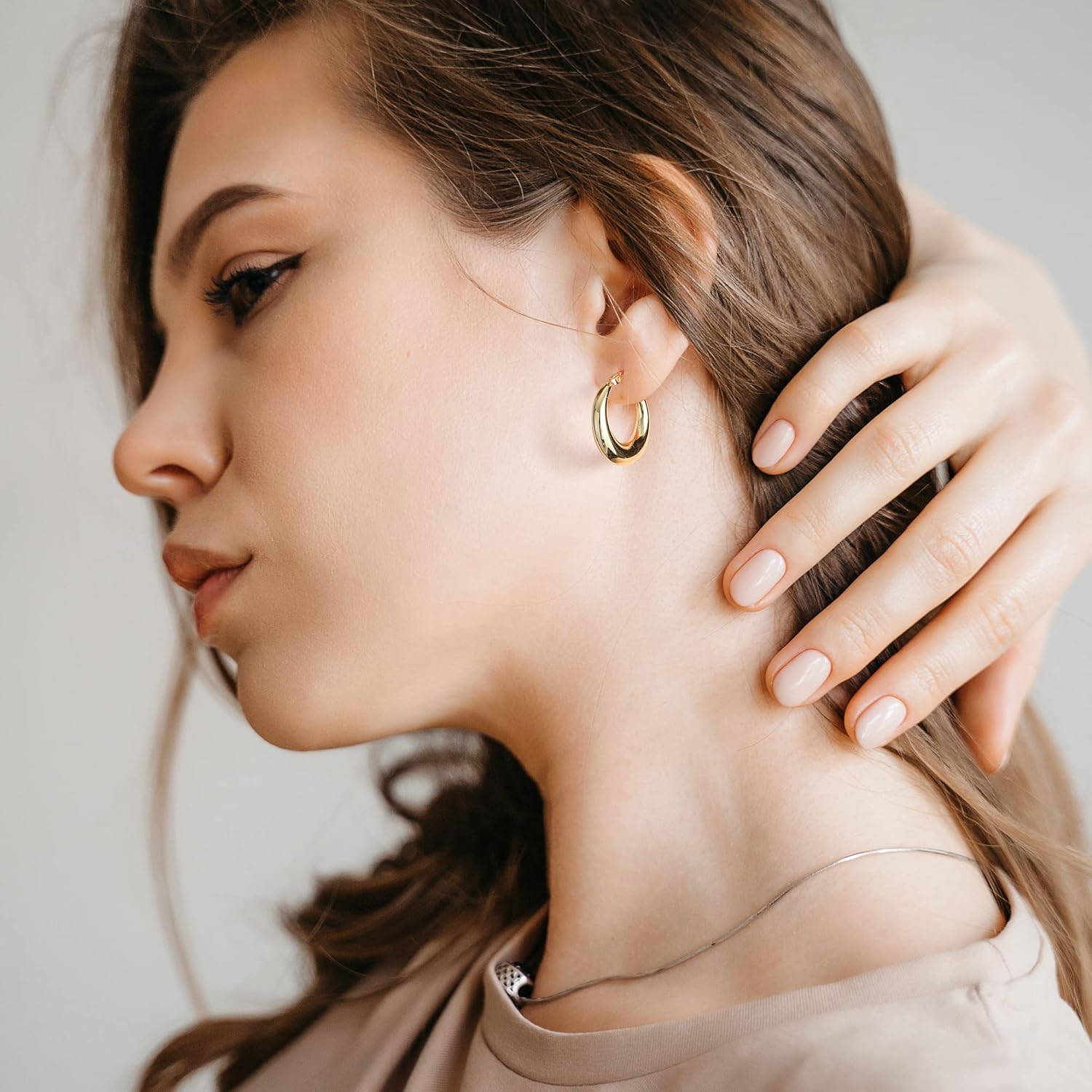 Chunky Gold Hoop Earrings for Women 14K Gold Plated Stainless Steel Thick Hoop Earrings Dainty Cute Hypoallergenic Earrings Minimalist Jewelry
