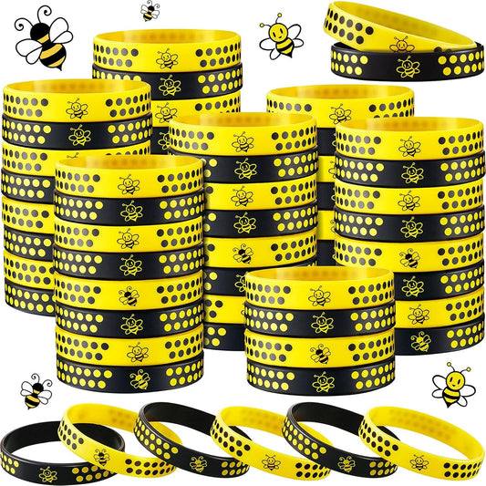 60 Pieces Bee Rubber Bracelets Bulk Bee Theme Party Favors Silicone Wristbands Black and Yellow Color Stretch Bracelets for Boy Girl Costume Accessories Birthday Baby Shower Party Supplies