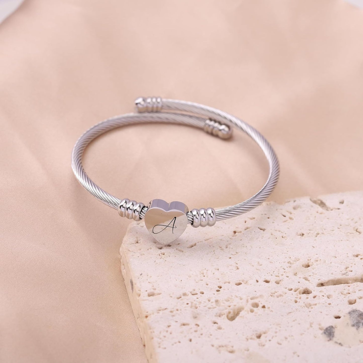 Gold/Rainbow Stainless Steel Bangles Jewery for Birthday Halloween Heart Initial A-Z Letters Bracelets for Girls
