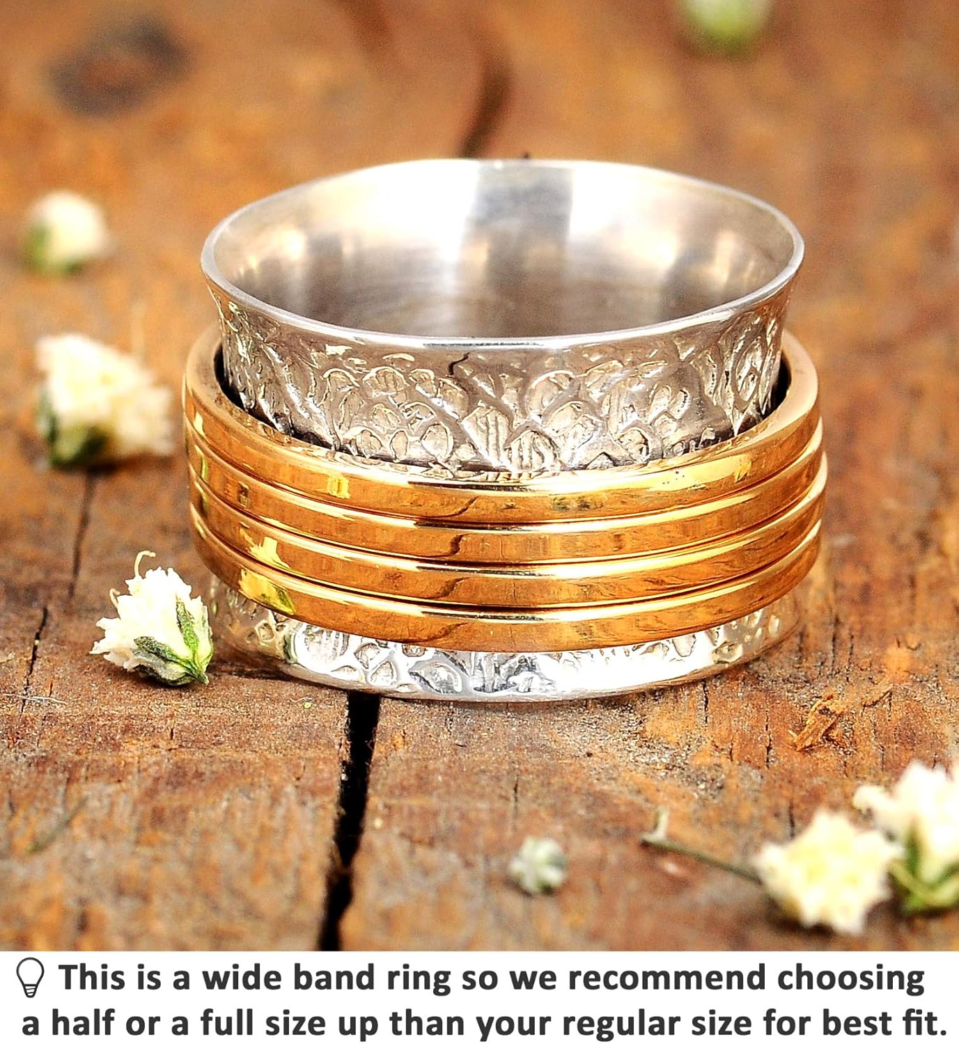 925 Sterling Silver Spinner Ring for Women with 4 Brass Fidget Rings Chunky Wide Band
