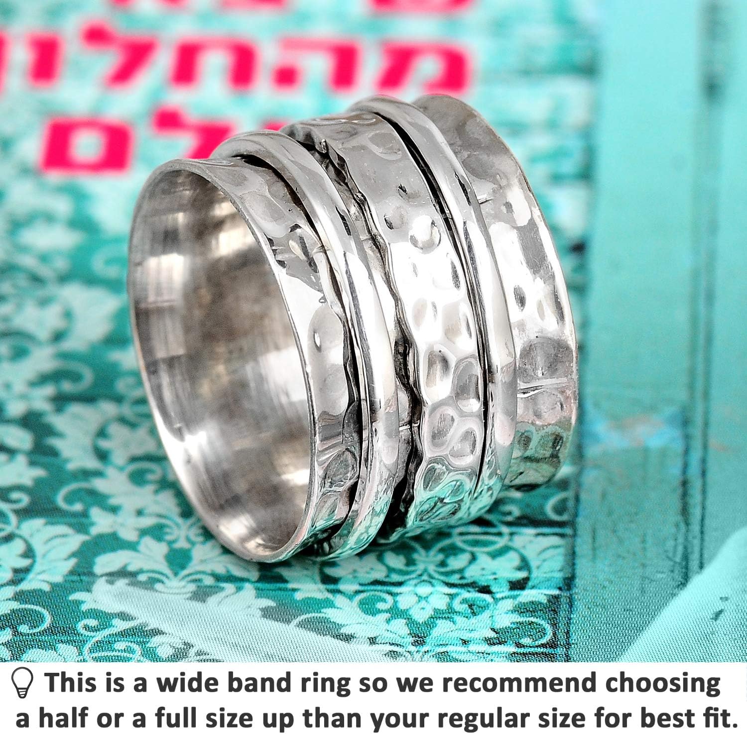 925 Sterling Silver Spinner Ring for Women Hammered Wide Fidget Ring Band