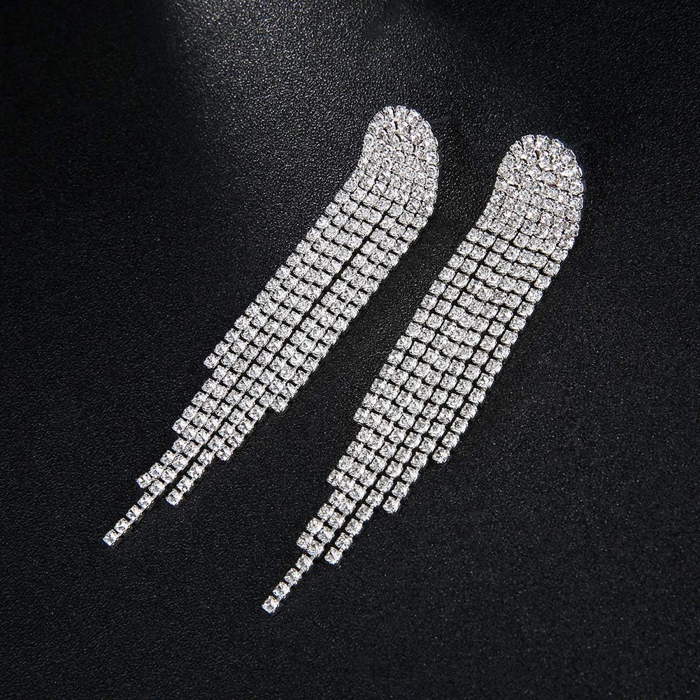 3.3"L Rhinestone Earrings Dangling Long Fringe Crystals Chandelier Dangle Drop Earrings for Women