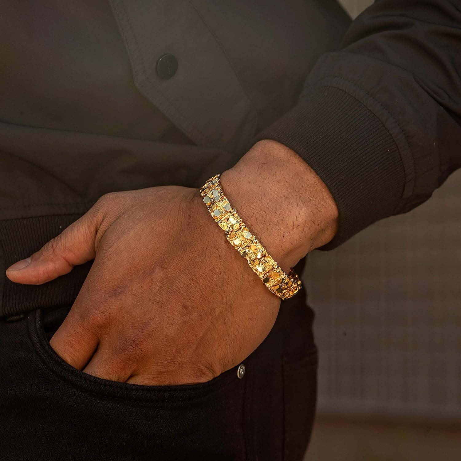 13Mm Rugged Nugget Link Bracelet for Men and Women 24K Gold Plated