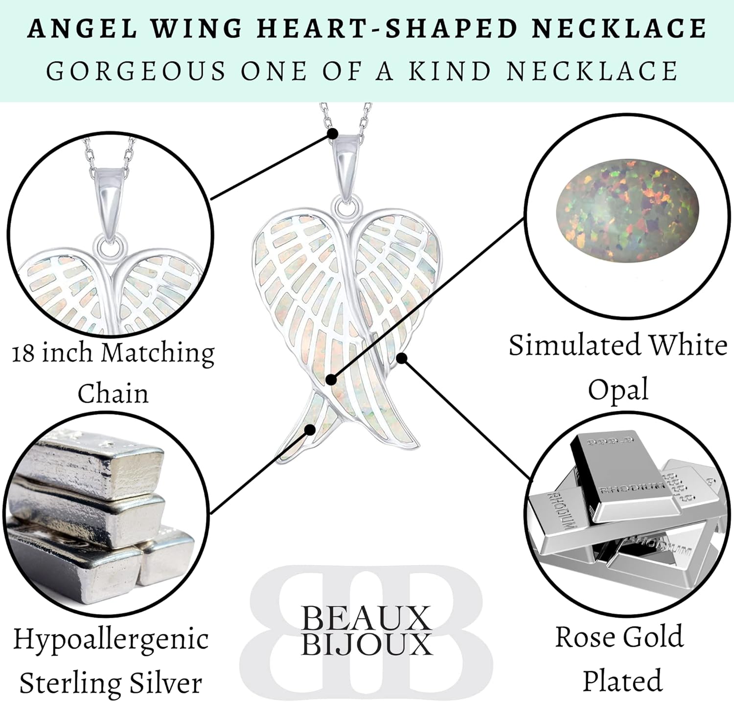 Sterling Silver Angel Wing Heart Necklace - Simulated White, Pink or Blue Opal - Meaningful Guardian Angel Gift for Women
