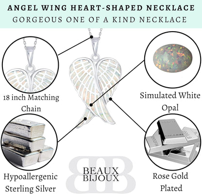 Sterling Silver Angel Wing Heart Necklace - Simulated White, Pink or Blue Opal - Meaningful Guardian Angel Gift for Women
