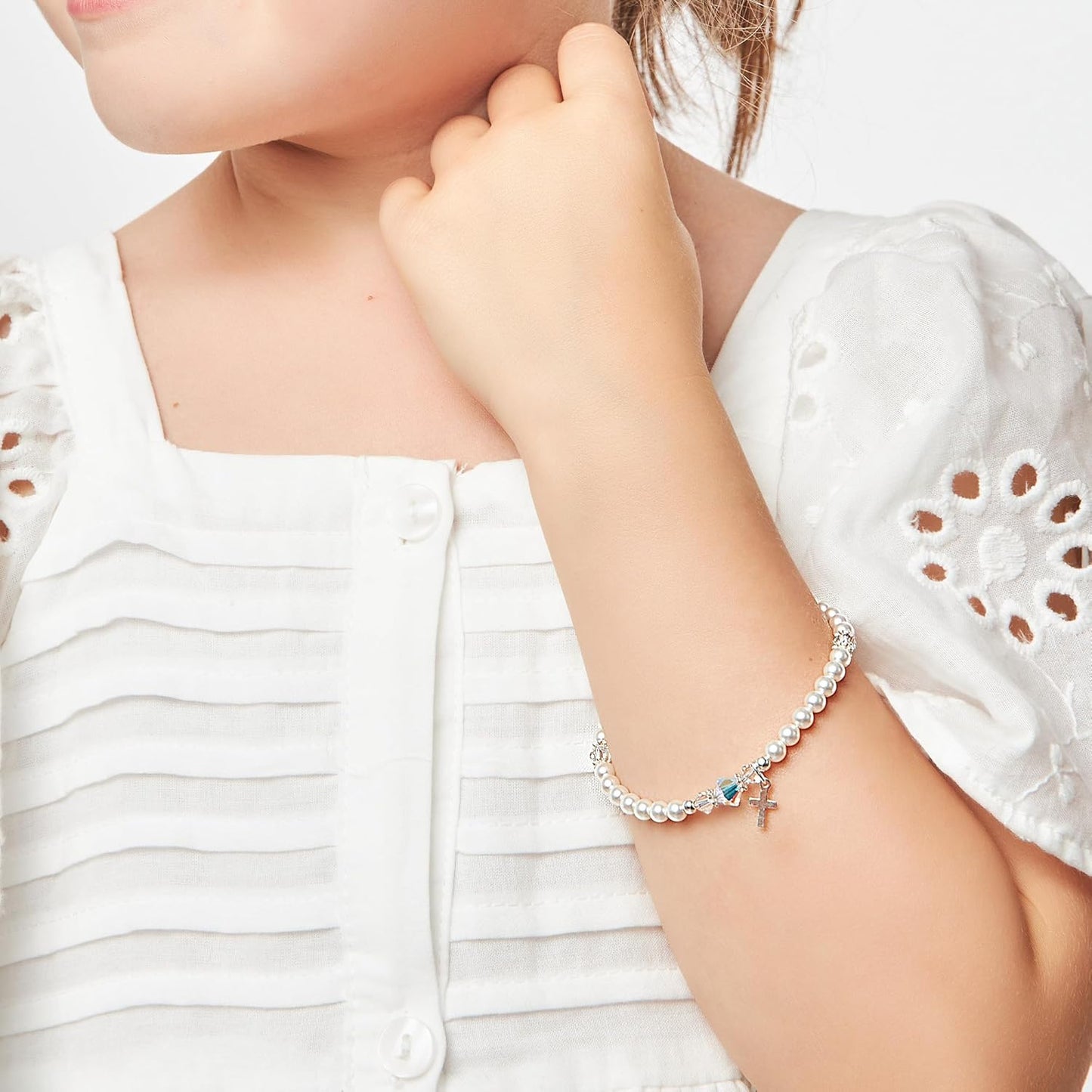 Elegant Sterling Silver Cross Charm Baptism Bracelet - Baptism Gifts for Girl with White Simulated Pearls and European Crystals, Girls Jewelry, Bracelets for Girls