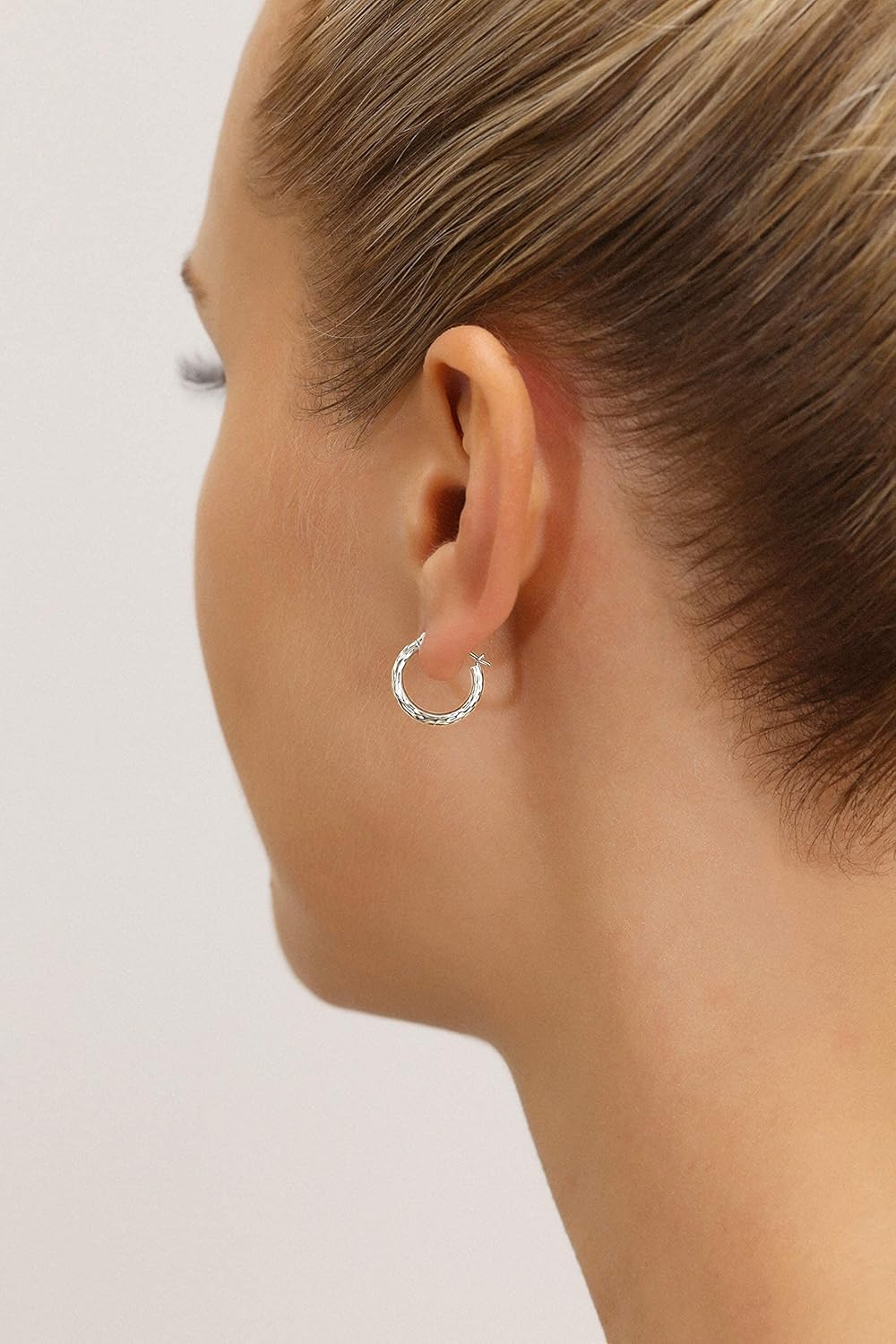 14K White Gold Hand Engraved Full Diamond-Cut round Hoop Earrings
