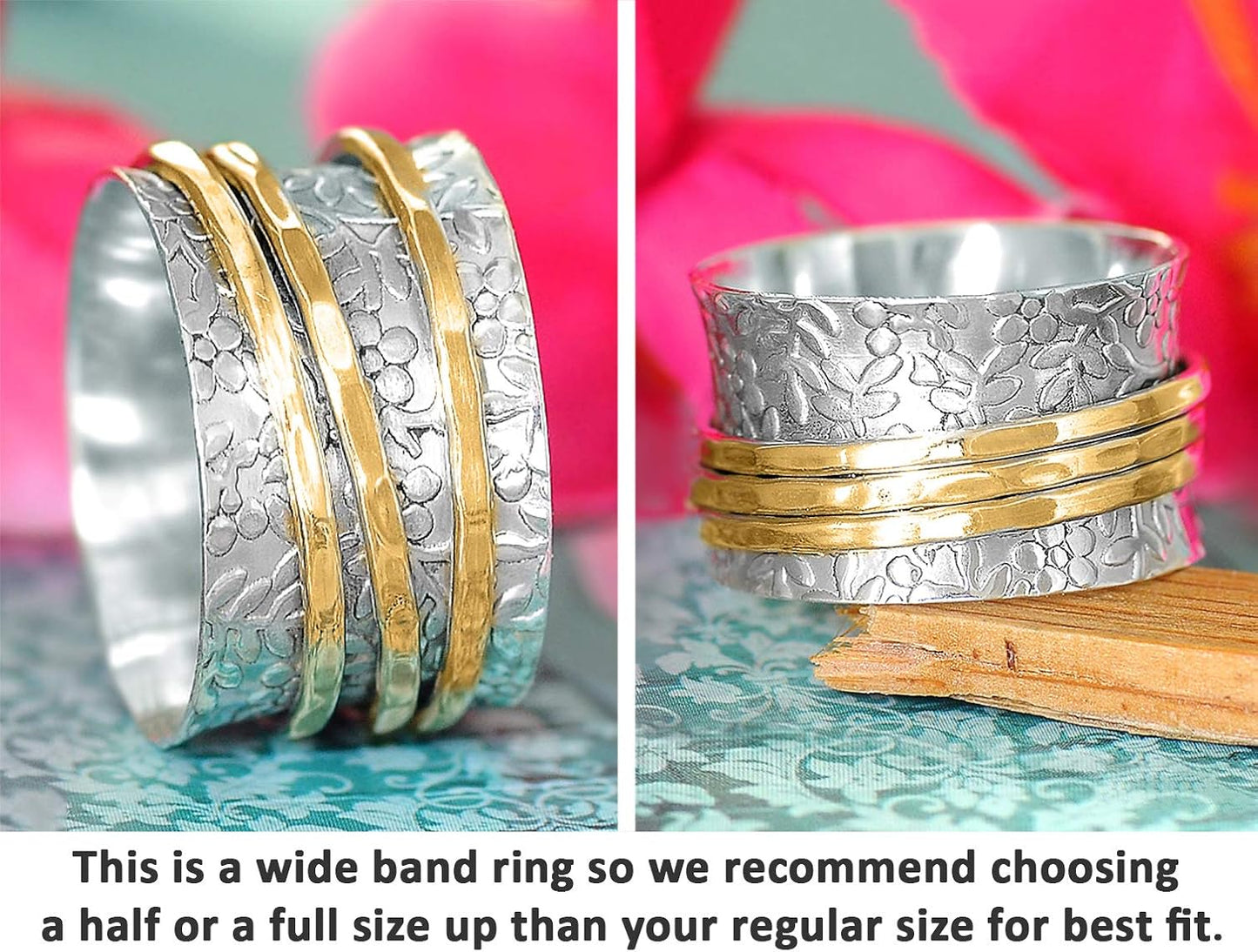 925 Sterling Silver Spinner Flowers Ring for Women with 3 Brass Fidget Rings Wide Band
