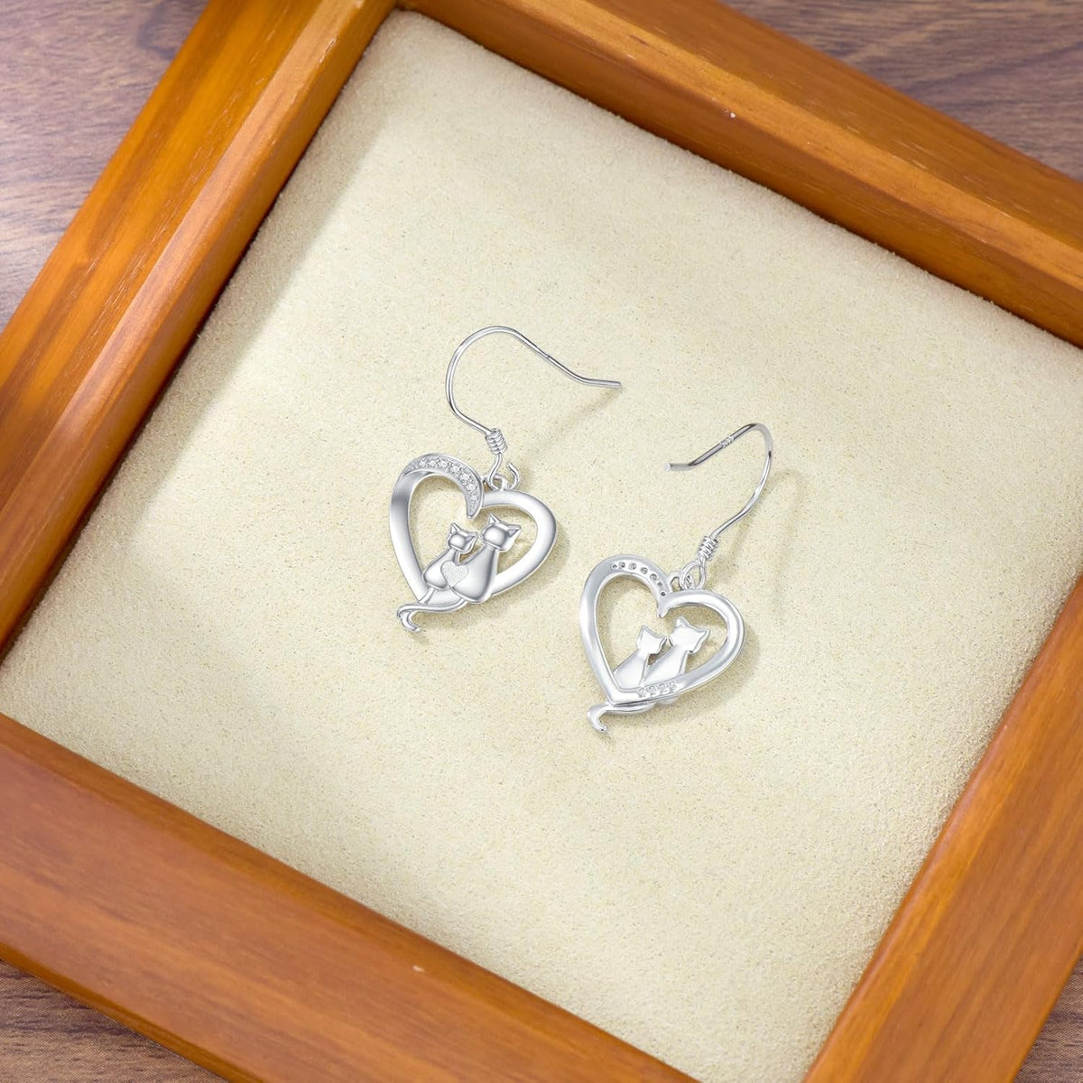 Diamond Cat Heart Drop Earrings – 925 Sterling Silver, 0.05 CT