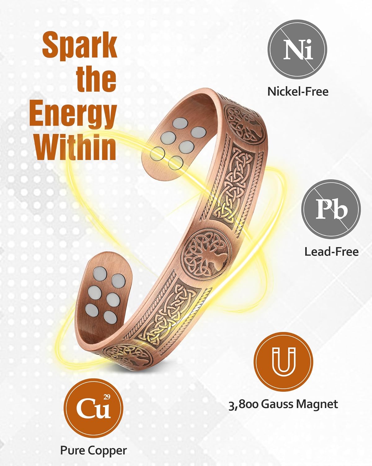 Copper Bracelet for Men, 18X Strength Mens Magnetic Bracelets with 3,800 Gauss Magnets, 99.99% Pure Solid Copper Jewelry Gift