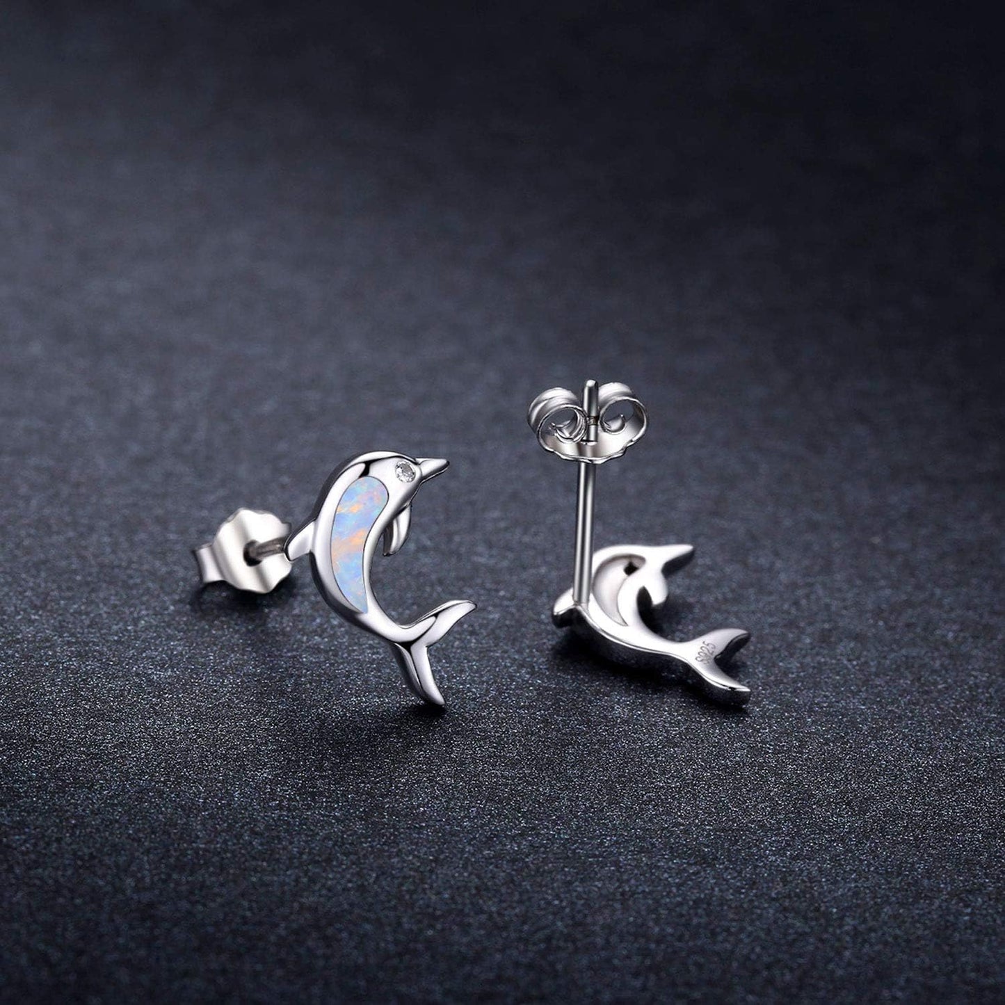 925 Sterling Silver Synthetic Opal Earrings Studs Hypoallergenic Dolphin Earrings Cute Birthday Jewelry Gift for Her