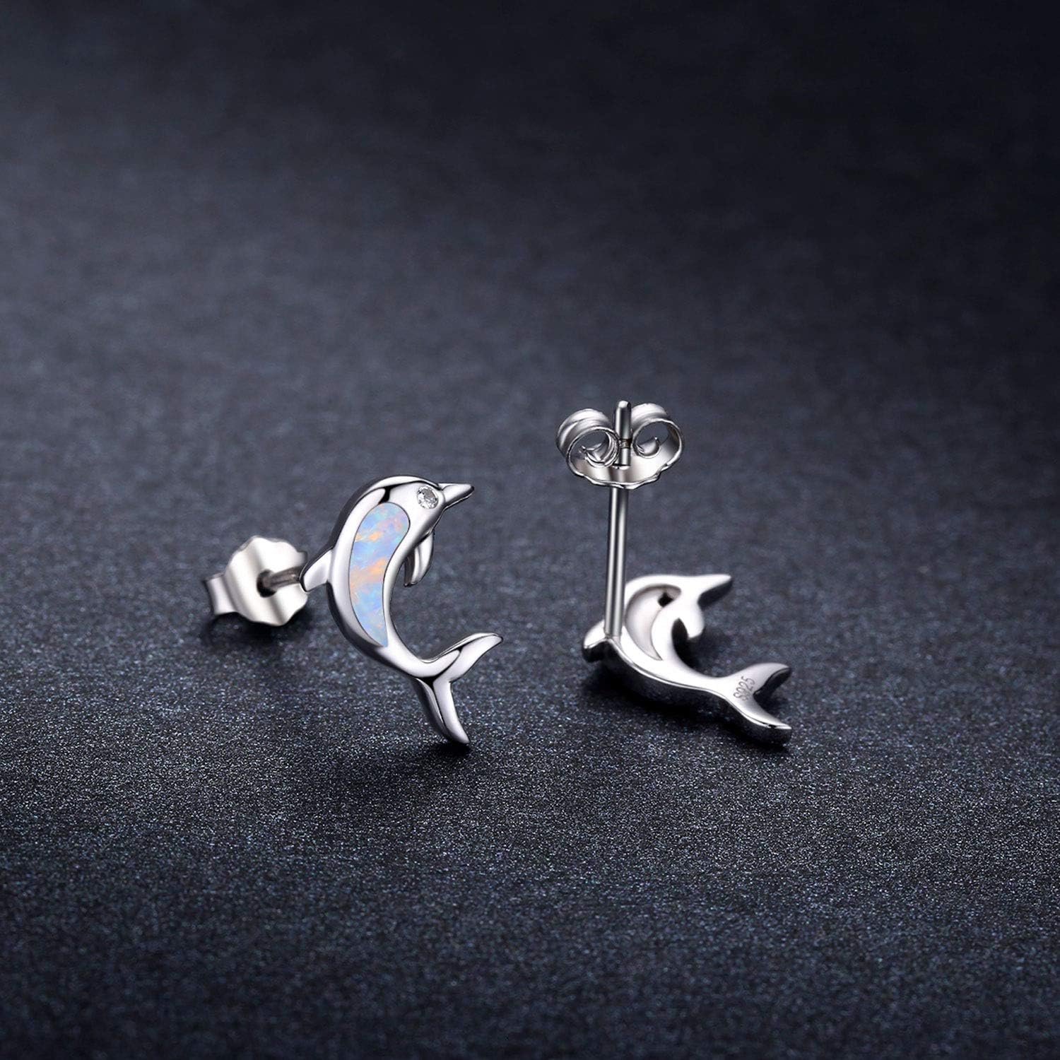 925 Sterling Silver Synthetic Opal Earrings Studs Hypoallergenic Dolphin Earrings Cute Birthday Jewelry Gift for Her