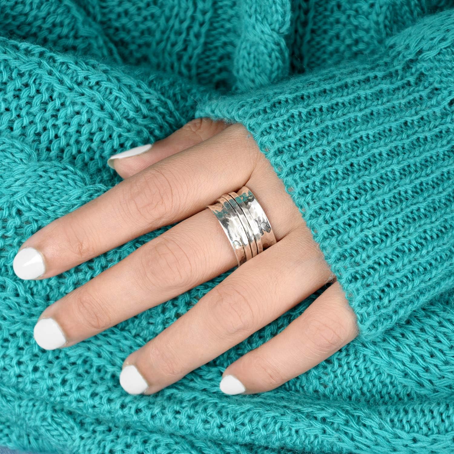 Sterling Silver Fidget Rings for Women – 925 Spinner Ring with 3 Fidget – Hammered Sterling Silver Spinner Ring for Women – for Style, Relaxation & Focus