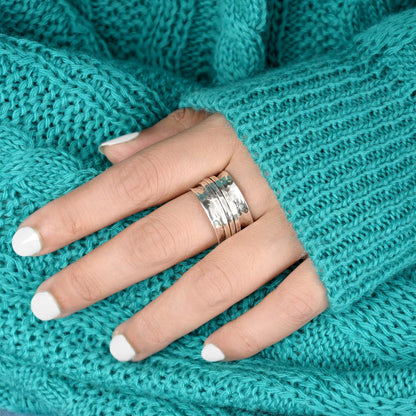 Sterling Silver Fidget Rings for Women – 925 Spinner Ring with 3 Fidget – Hammered Sterling Silver Spinner Ring for Women – for Style, Relaxation & Focus