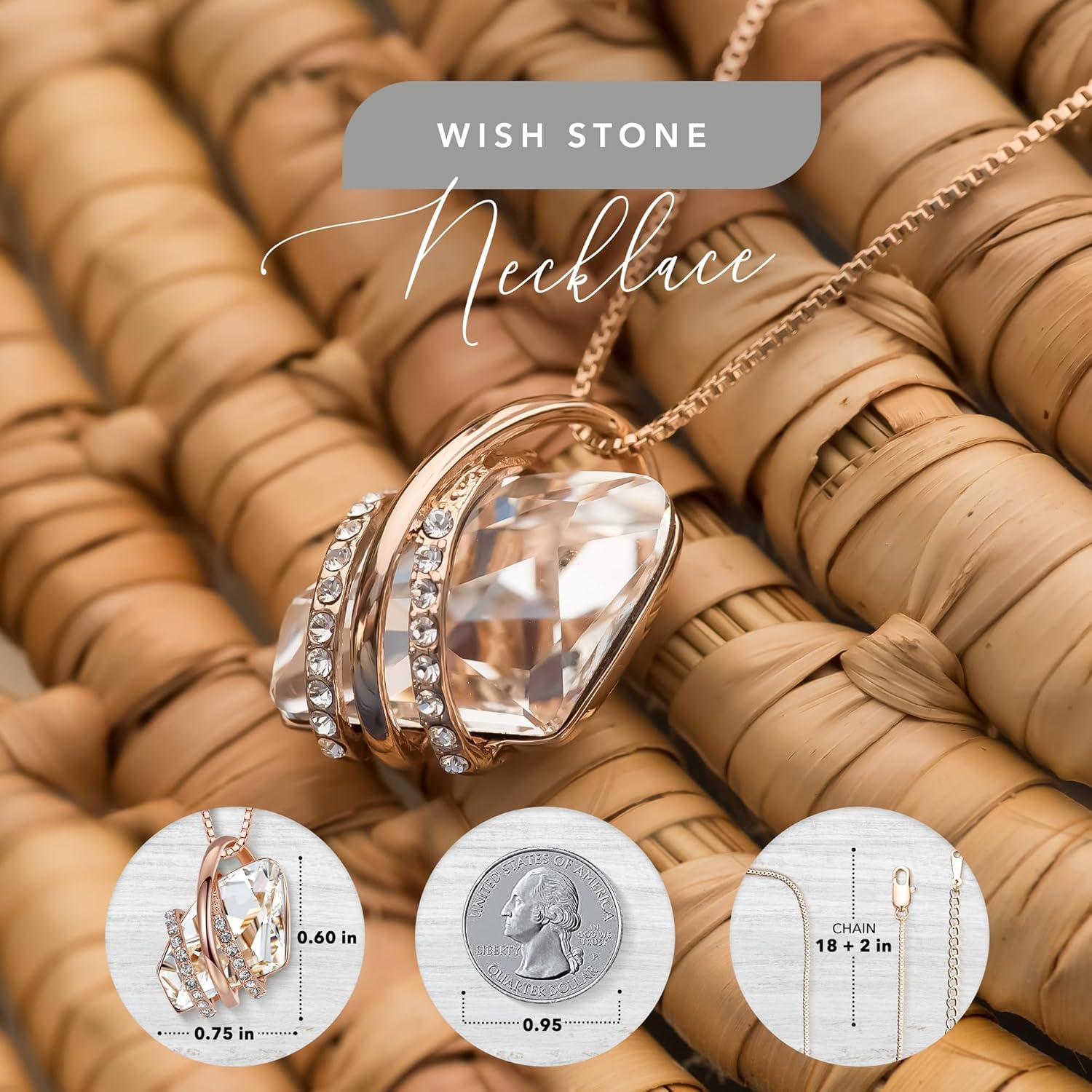 Wish Stone Pendant Necklace with Birthstone Crystal, 18K Rose Gold Plated/Silvertone, 18" + 2"