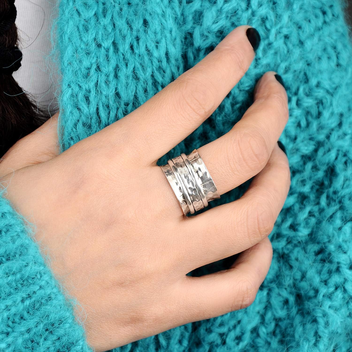 925 Sterling Silver Spinner Ring for Women Hammered Wide Fidget Ring Band