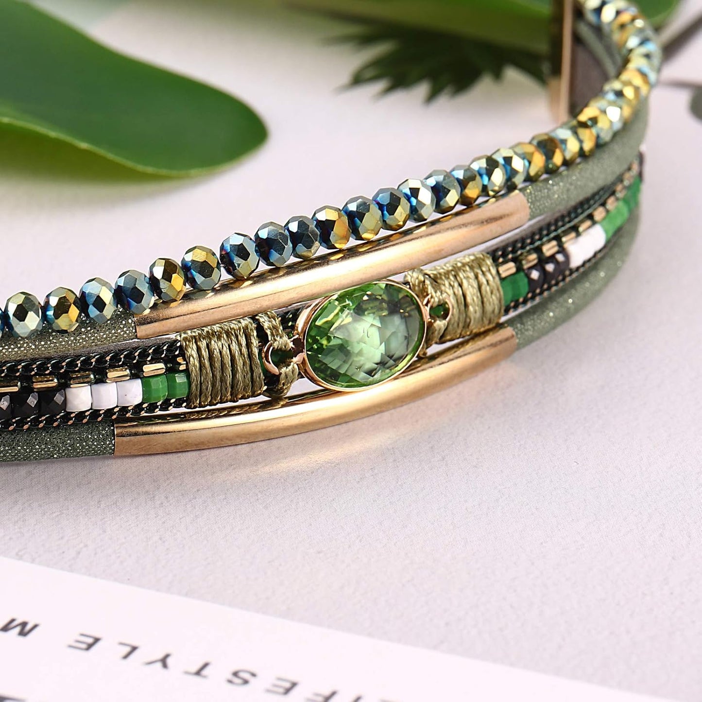 Leather Wrap Bracelets Crystal Beads Bracelet Boho Cuff Stone Charm Bracelets with Clasp Costume Jewelry for Women