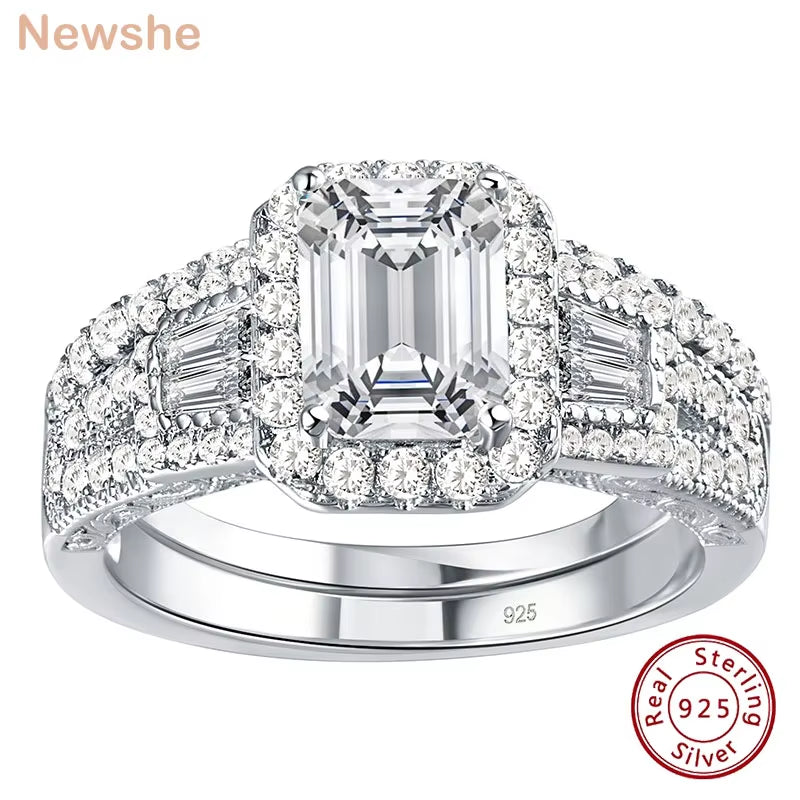 2Pcs Wedding Rings for Women 925 Sterling Silver Halo AAAAA Cubic Zircon Emerald Cut Engagement Ring Bridal Set