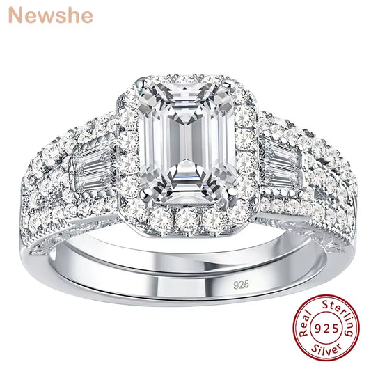 2Pcs Wedding Rings for Women 925 Sterling Silver Halo AAAAA Cubic Zircon Emerald Cut Engagement Ring Bridal Set