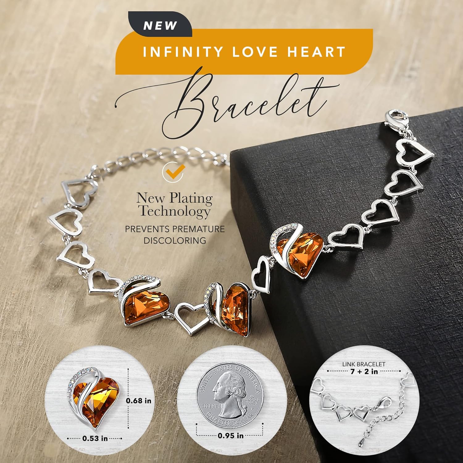 Infinity Love Heart Link Bracelets, Birthstone or Healing Stone Crystal Bracelet for Women, Silver Tone Jewellery Gifts for Her, 7-Inch Chain and 2-Inch Extender