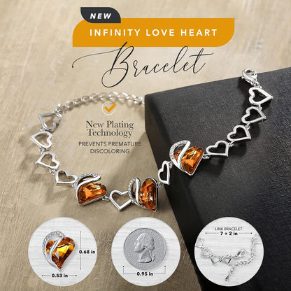 Infinity Love Heart Link Bracelets, Birthstone or Healing Stone Crystal Bracelet for Women, Silver Tone Jewellery Gifts for Her, 7-Inch Chain and 2-Inch Extender