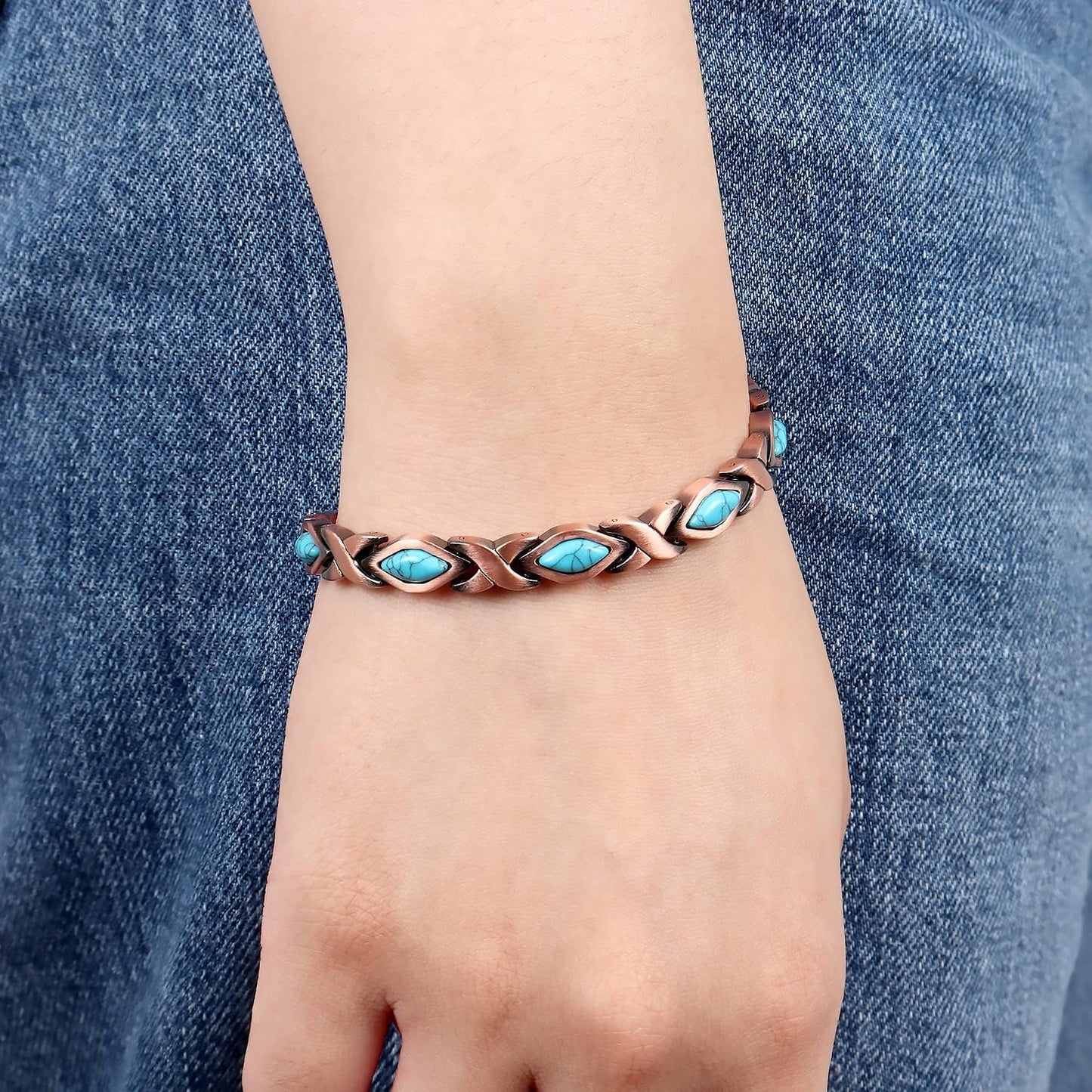 ® 99.9% Pure Copper Turquoise Magnetic Bracelet - 3000 Gauss Magnetic Copper Bracelets for Women - Adjustable Length with Adjusting Tool