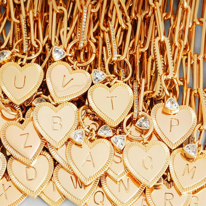 Gold Paperclip Bracelet, 18K Gold Plated Heart Initial Oval Link Bracelet Dainty Handmade Letter Charm Bracelet for Women Jewelry