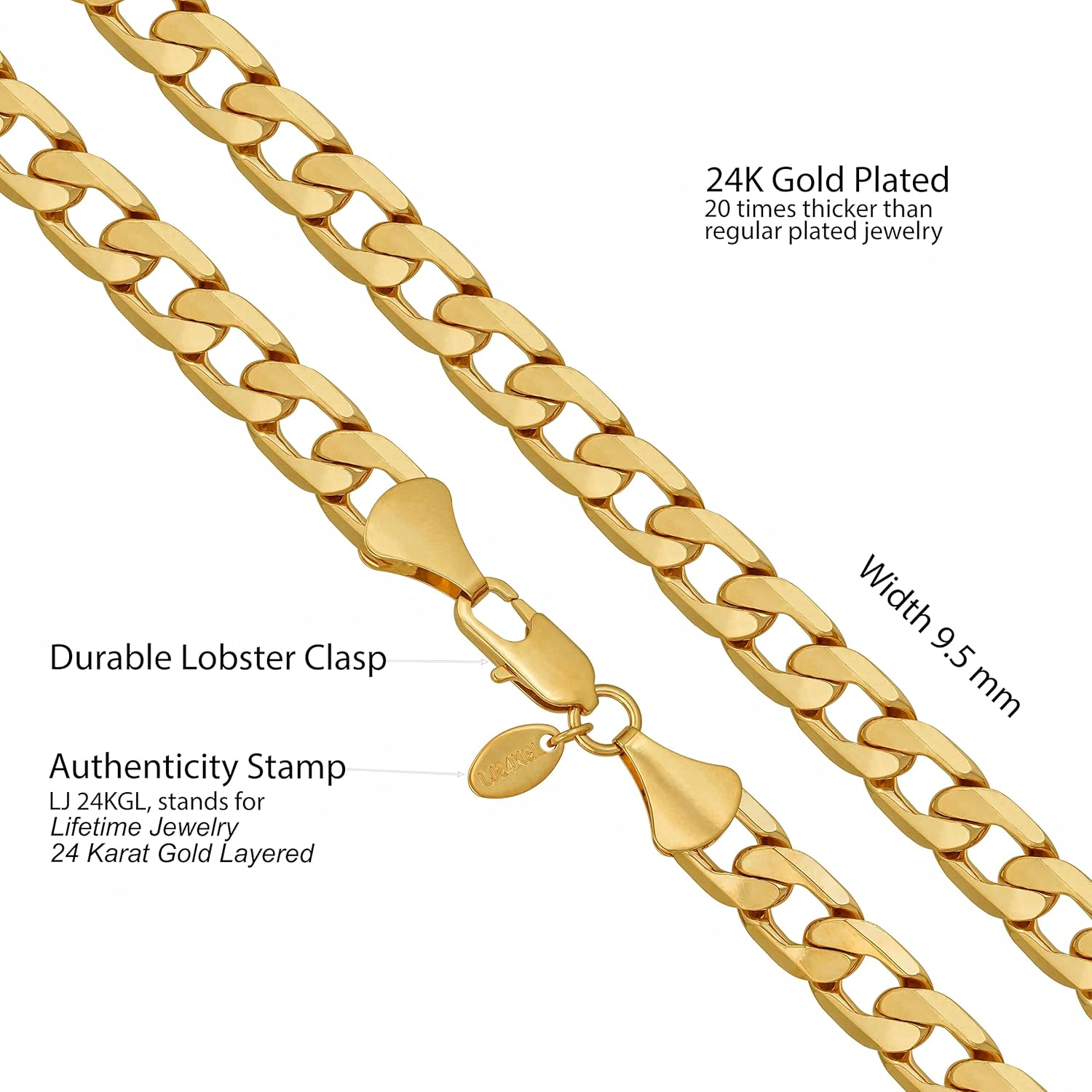 Beveled Cuban Link Curb Chain Necklaces 24K Real Gold Plated (3Mm, 6Mm & 9.5Mm)