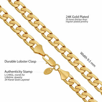Beveled Cuban Link Curb Chain Necklaces 24K Real Gold Plated (3Mm, 6Mm & 9.5Mm)