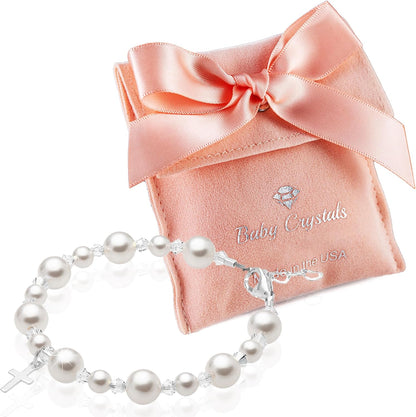 Pearl Bracelets for Girls, Sterling Silver Cross Charm, Baptism Gifts for Girl, Baby Bracelet with Simulated White Pearls and Crystals, Girls Jewelry Birthday Gift