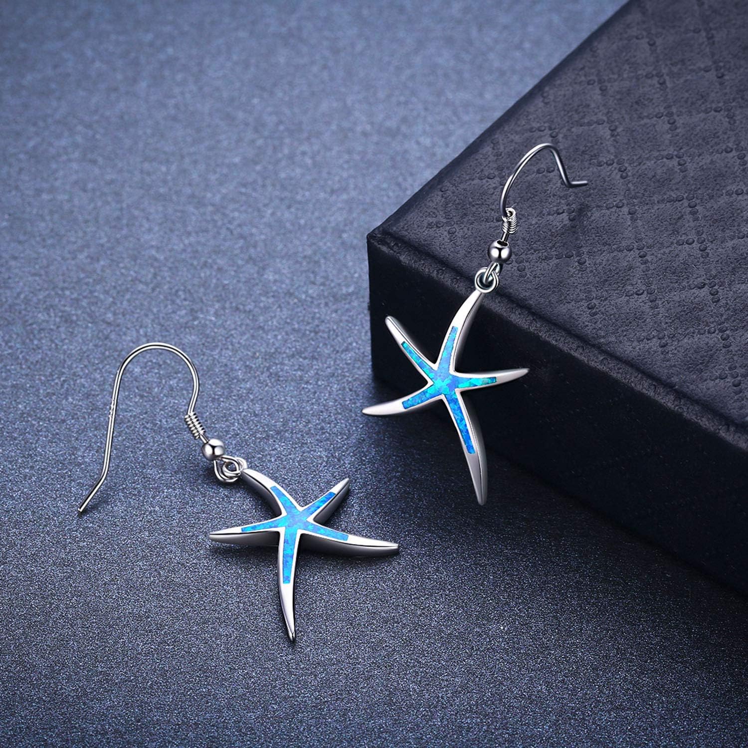 925 Sterling Silver Starfish Earrings with Opal Fish Hoops, Nautical Hawaiian Sea Beach Jewelry for Women and Starfish Lovers