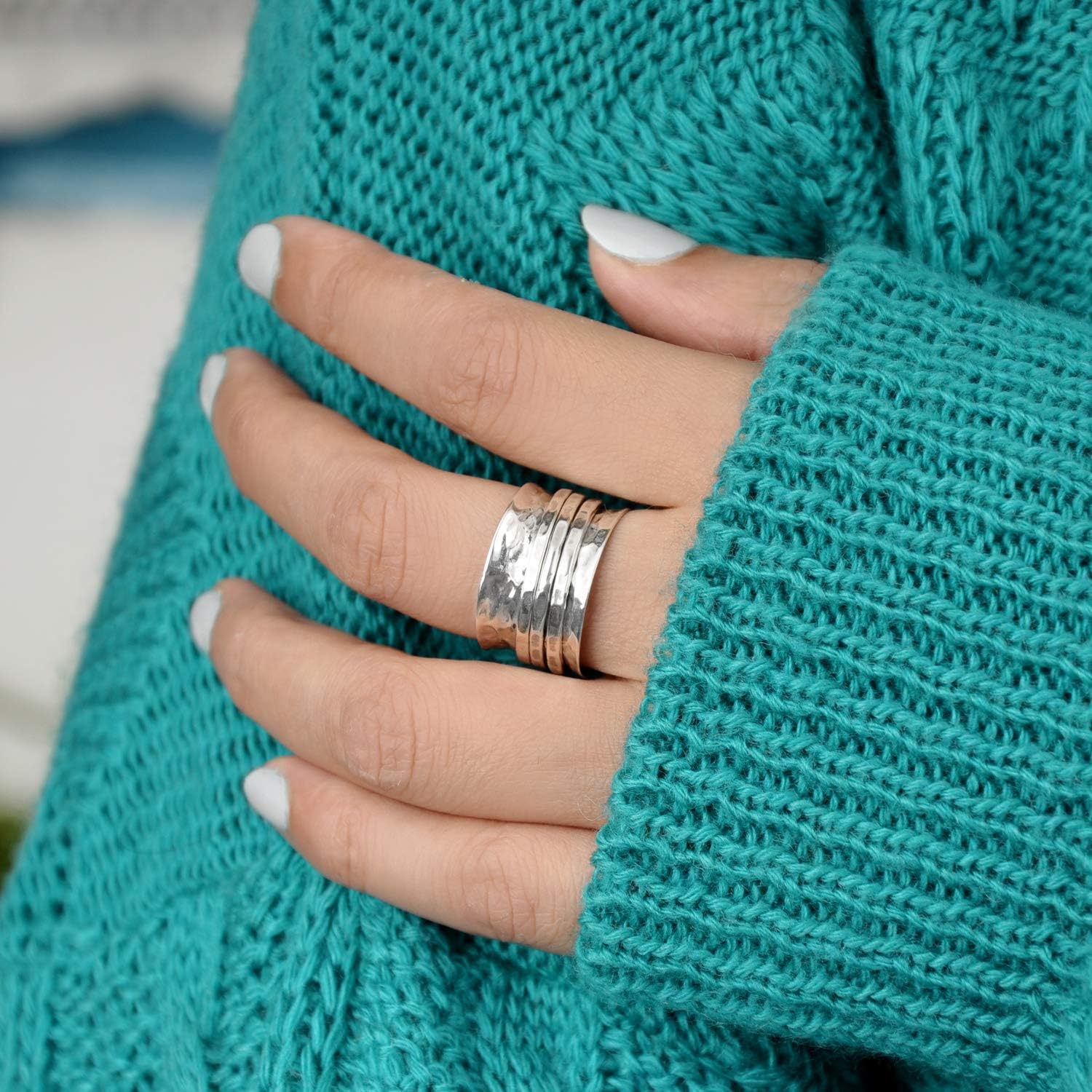 Sterling Silver Fidget Rings for Women – 925 Spinner Ring with 3 Fidget – Hammered Sterling Silver Spinner Ring for Women – for Style, Relaxation & Focus