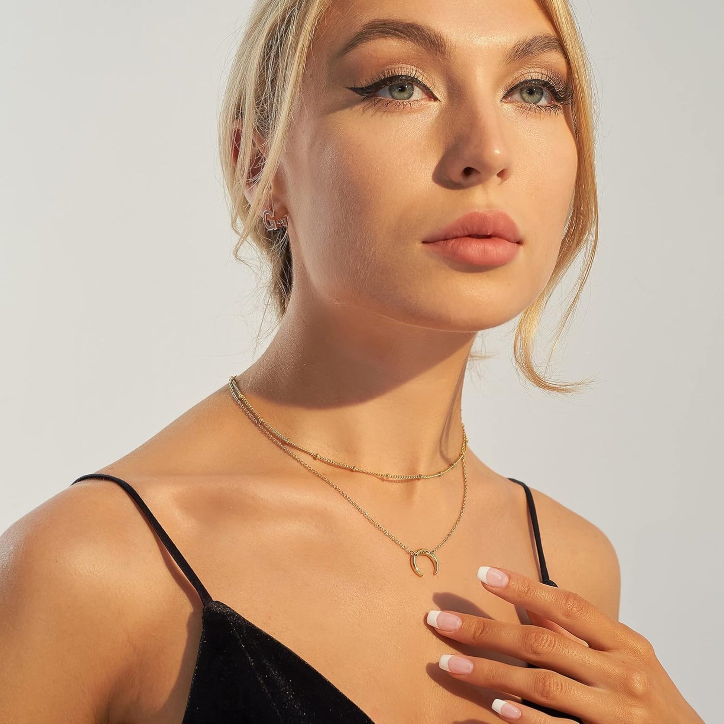 Dainty Gold Layered Bar Neckalce Moon Pendant Lariat Y Necklace 14K Gold Simple Necklace for Women