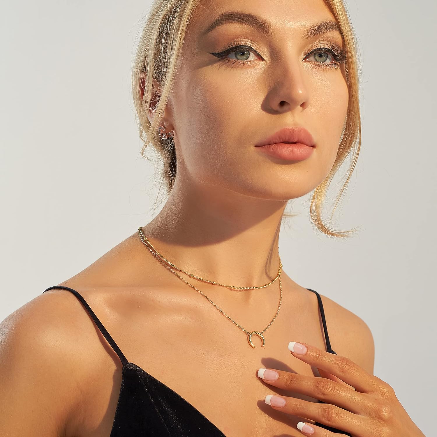 Dainty Gold Layered Bar Neckalce Moon Pendant Lariat Y Necklace 14K Gold Simple Necklace for Women