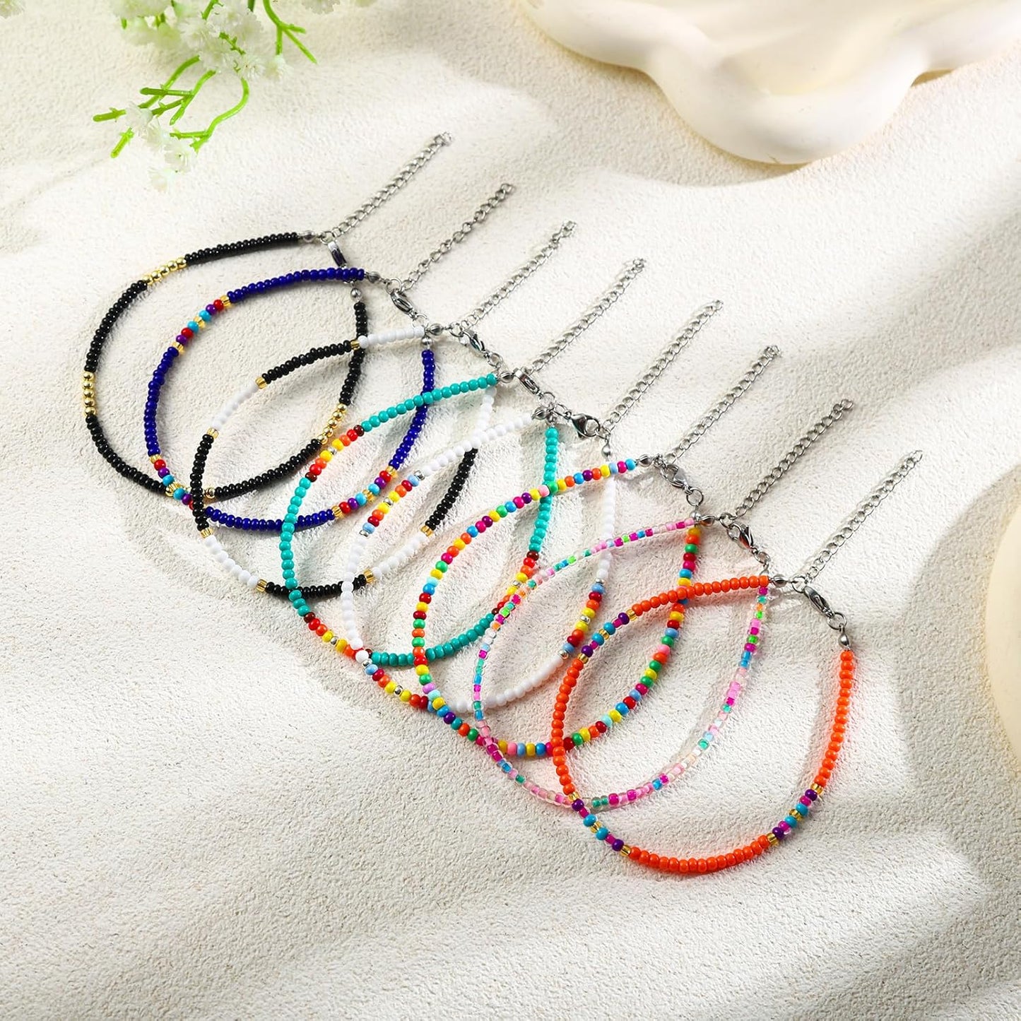8Pcs Handmade Beaded Anklets for Women Boho Colorful Beads Ankle Bracelets Adjustable Foot Anklet Set