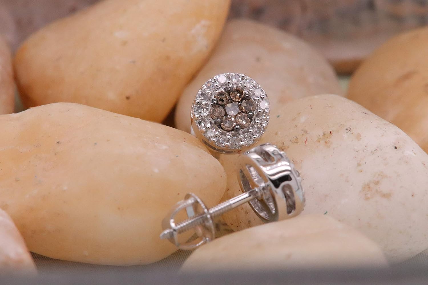 0.30 Carat (Ctw) round Champagne and White Diamond Ladies Cluster Stud Earrings 1/3 CT