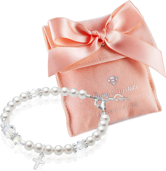 Elegant Sterling Silver Cross Charm Baptism Bracelet - Baptism Gifts for Girl with White Simulated Pearls and European Crystals, Girls Jewelry, Bracelets for Girls