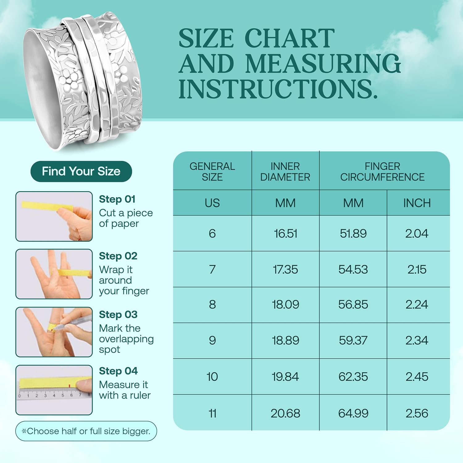 Sterling Silver Spinner Ring for Women – 925 Spinning Ring Band – Wide Band Silver Fidget Rings for Women - for Meditation, Relaxation & Comfort