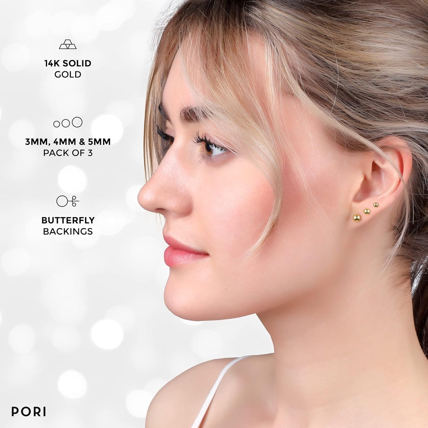 14K Solid Gold Ball Stud Earrings (3-Pair-Pack) 3MM 4MM and 5MM - Choose a Color