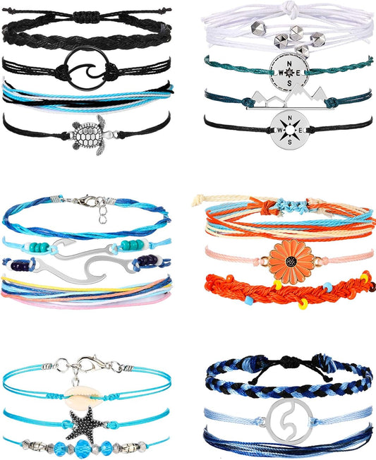 21 Pieces Surfer Wave Bracelet Ocean Wave Adjustable Waterproof Handmade Friendship Bracelet Anklet Jewelry for Women