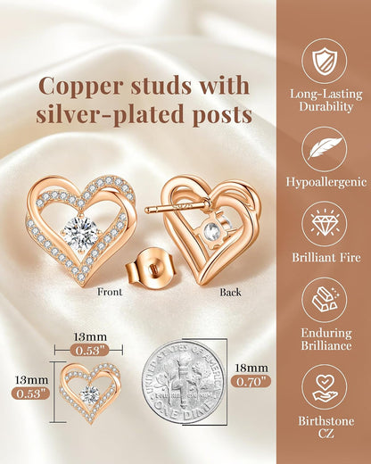 Forever Love Heart Stud Earrings for Women, 925 Sterling Silver Birthstone Heart Stud Earrings Mother'S Day Gift Anniversary Birthday Jewelry Gifts for Women Wife Her