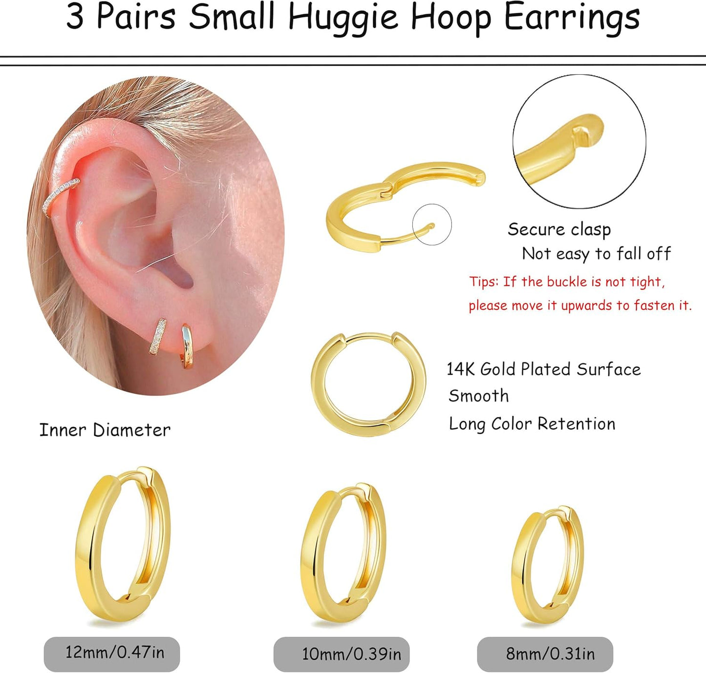 3 Pairs Small Hoop Earrings Set for Women, 14K Gold Plated Huggie Hoop Earrings for Men, Tiny Cartilage Hypoallergenic Earring Set