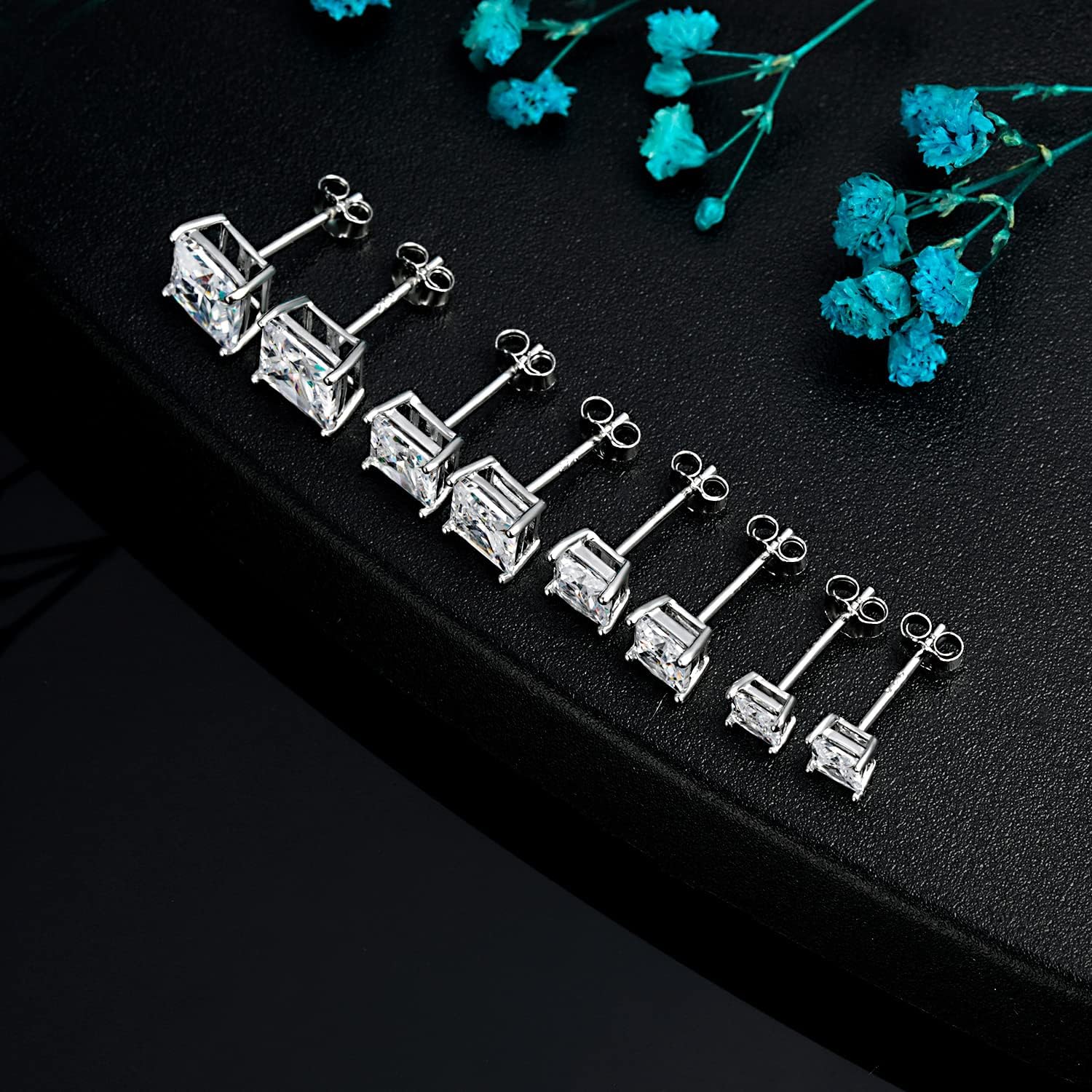4 Pairs 925 Sterling Silver Square Stud Earring Set, 18K White Gold Plated Princess Cut Clear Cubic Zirconia Hypoallergenic Earrings Pack for Women and Men