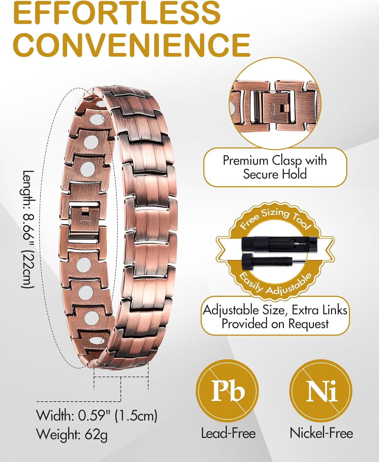 Copper Bracelet for Men-Magnetic Bracelets 99.99% Pure Copper Jewelry Gift with Adjustable Sizing Tool, Magnetic Field Therapy Jewelry