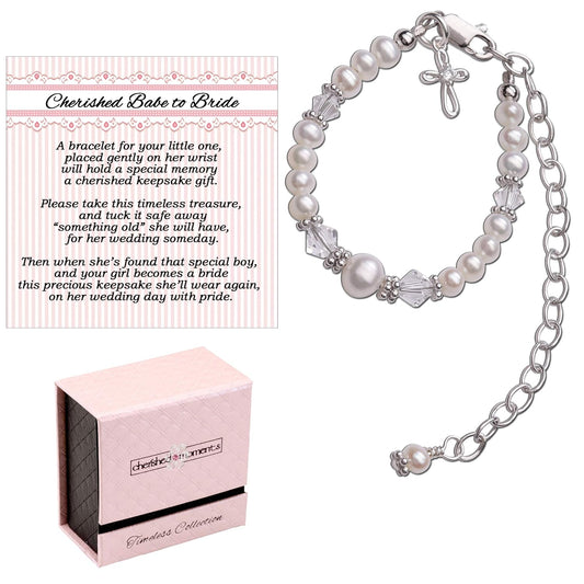 Babe to Bride Keepsake Cross Bracelet Baptism Gift for Infant Newborn Baby Girl in Sterling Silver with Cultured Pearls