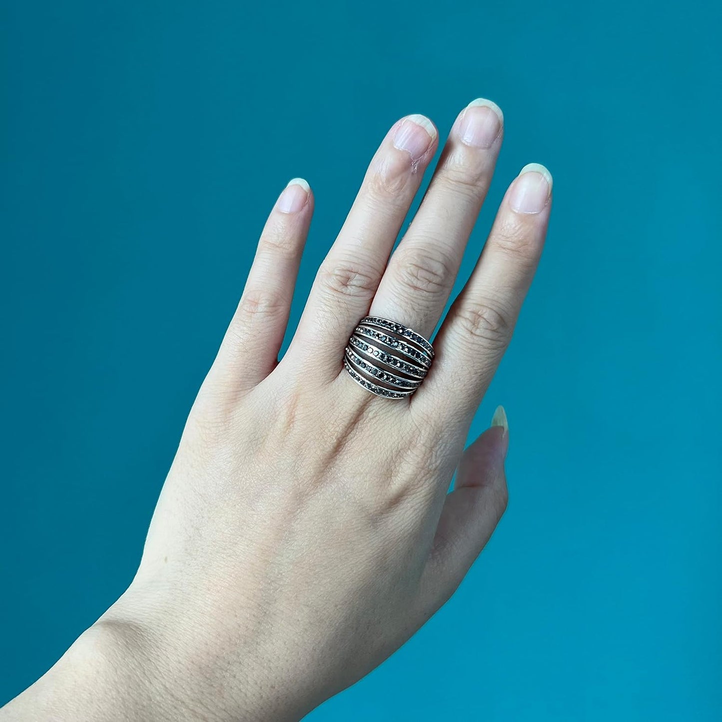Vintage Wide Ring Classic Black Marcasite Crystal Rows Statement Silver Chunky Rings